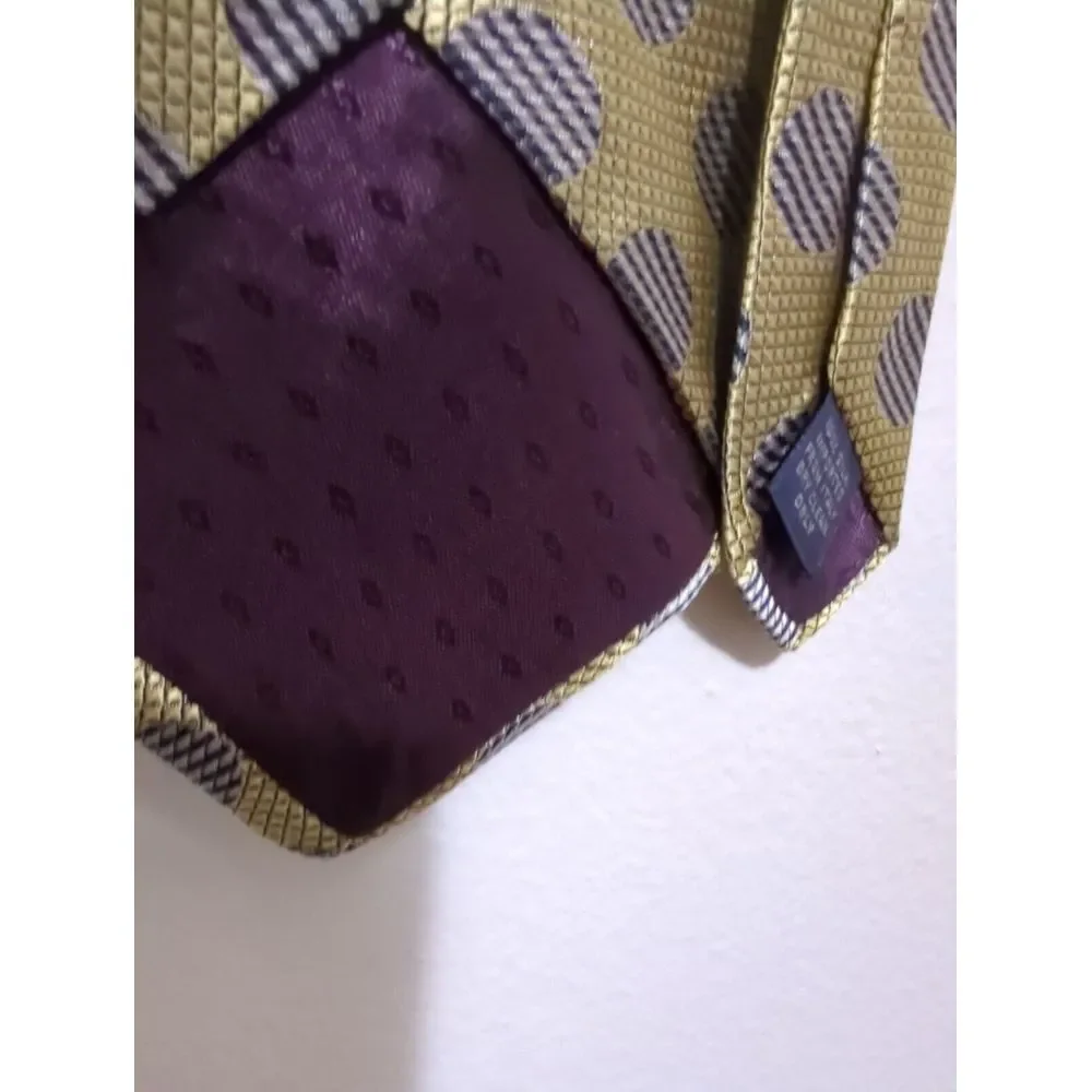 Bass Mens Gold‎ Silk Tie Geometric Striped Circle Pattern Italian Fabric Necktie - Picture 4 of 5